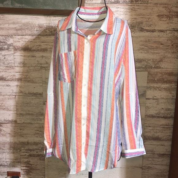 Button Down V Neck Shirts Long Sleeve Blouse Colorful Striped Casual Work large‌ - Picture 4 of 12